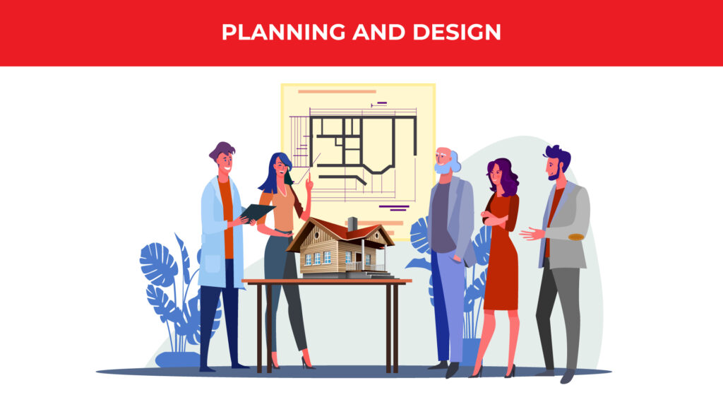 an illustrated group of coworkers are standing around a table with a small-scape city and a blueprint on the wall behind them