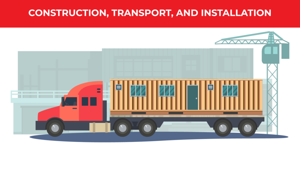 an illustrated semi truck is hauling a wooden modular building