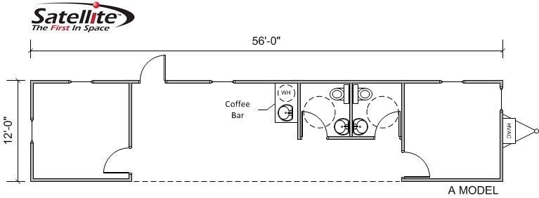 A floor plan illustration of the Satellite Shelters A Model s-plex modular building.