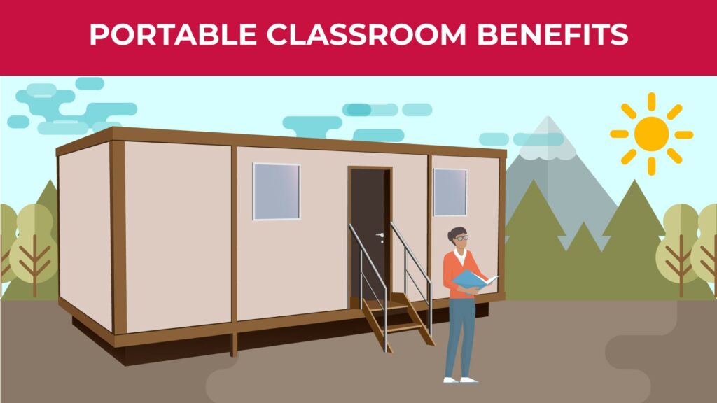an illustration of a teacher standing outside the portable classroom with a book