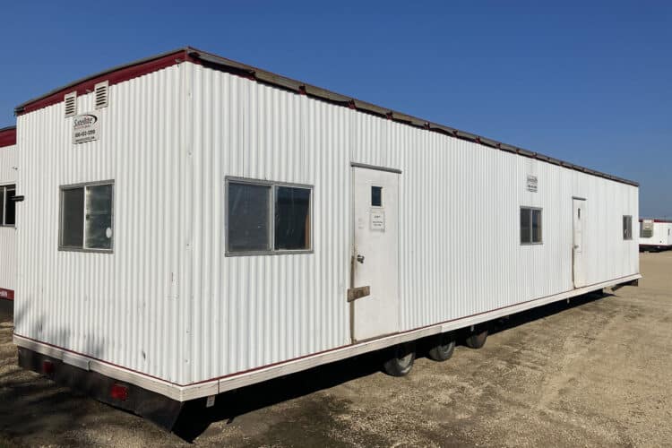 Exterior of a mobile office with two entrances